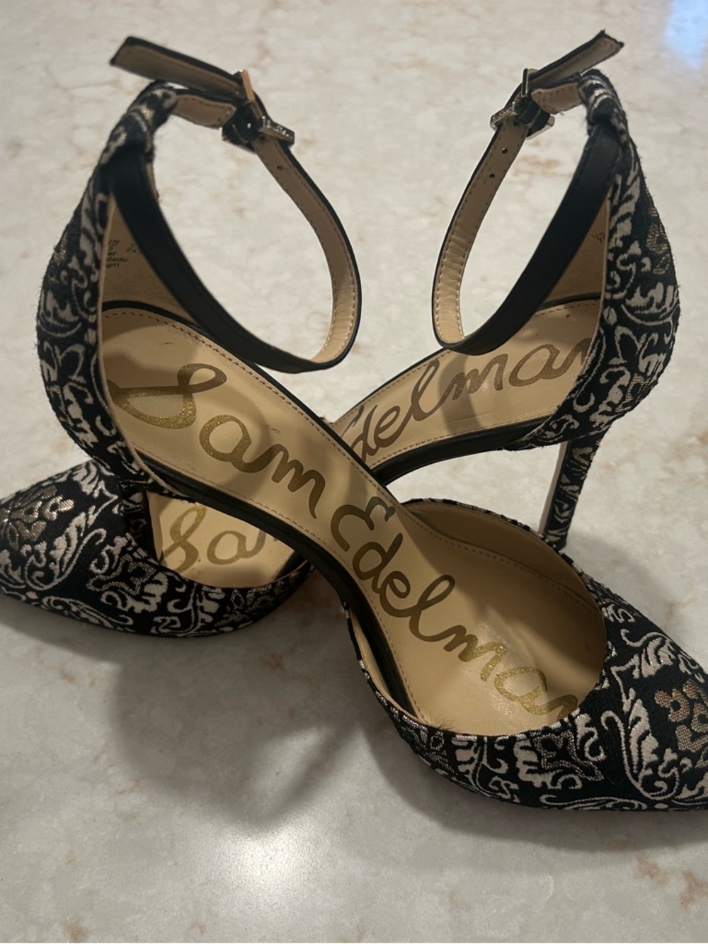 Sam Edelman Black and White Floral Ankle-Strap Heels Size 7.5 EUC